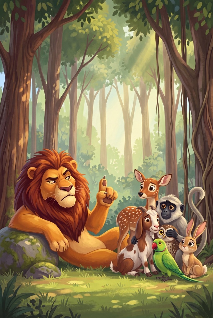 Page 10: the lion lying by his boulder with one claw raised like a warning finger, the animals hugging each other in a heap