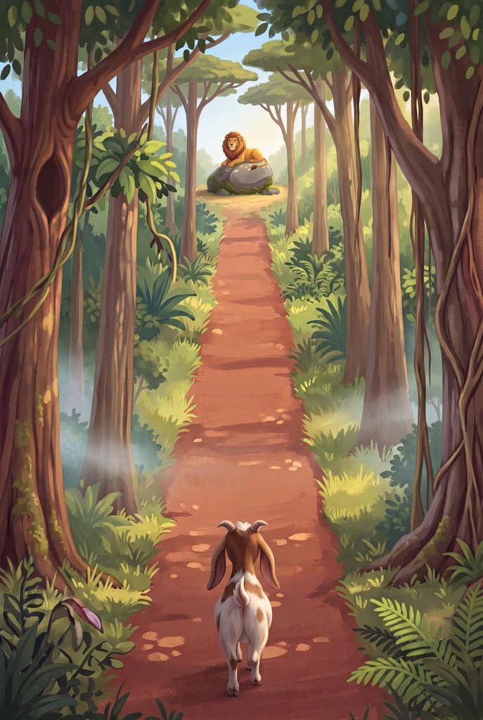 Page 12: one small goat walking up the path alone at dawn