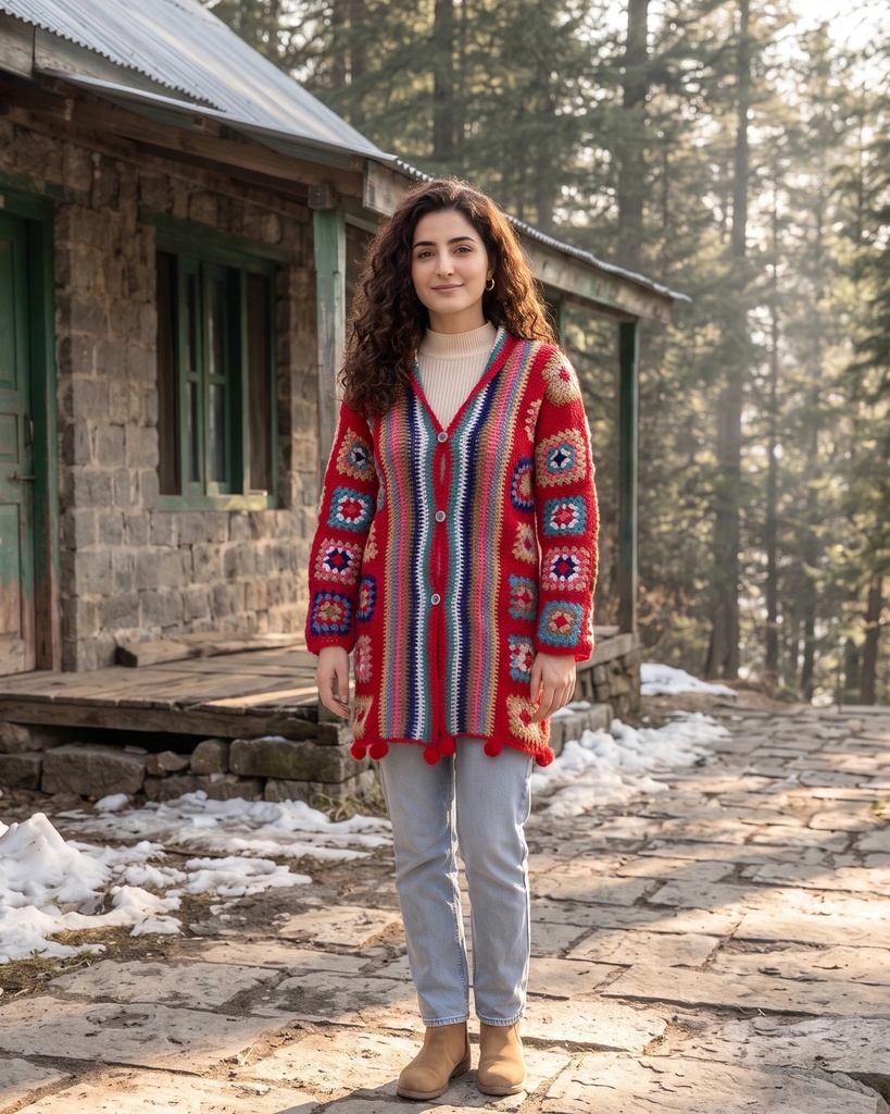 [MS-LD-TOP-RAINBOWSTRP-MUL-001-SIG] Rainbow-Stripe Granny-Square Hand-Crocheted Long Cardigan (Signature)