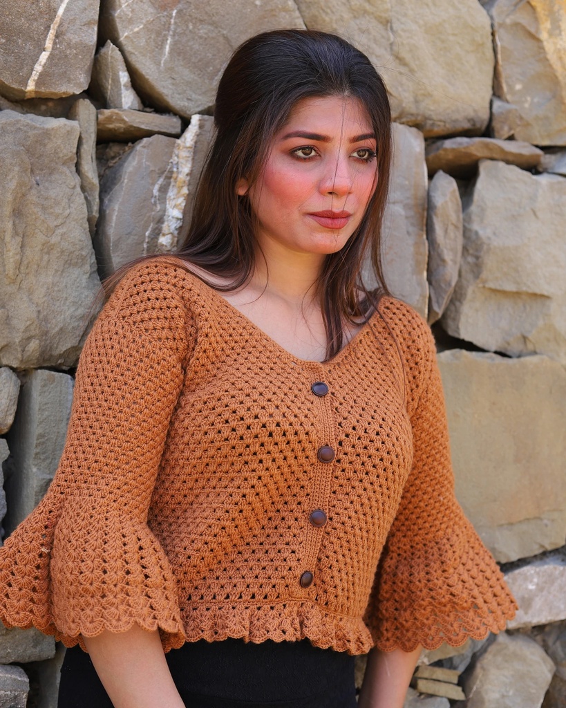 Bell-Sleeve Ruffle-Hem Hand-Crocheted Cardigan
